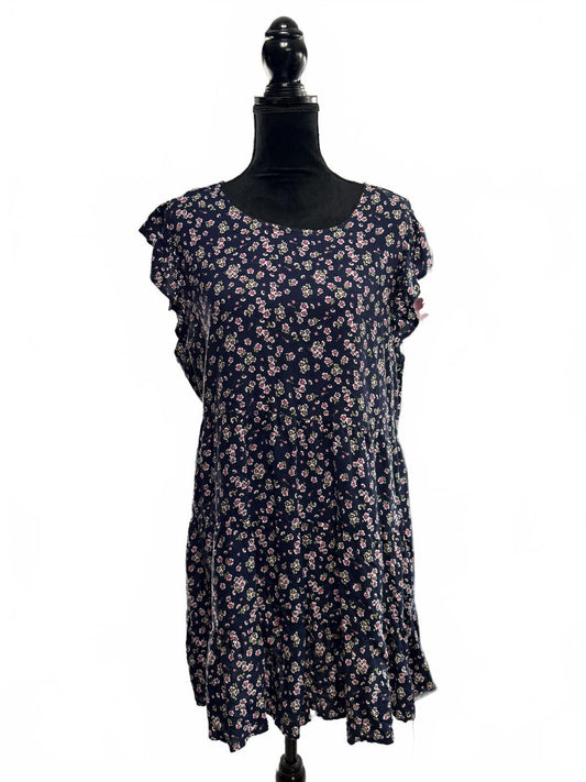 205 Collins Navy Blue Floral Blouse Short Sleeve Smocked Top Sz XL Cottagecore