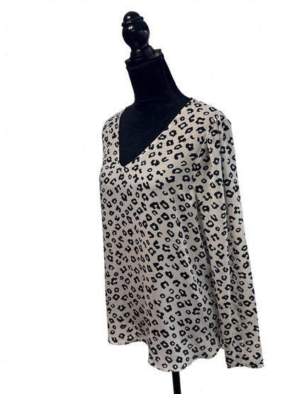 LOFT Leopard Print V-Neck Blouse Long Sleeve Animal Print Top Tan Black Size L
