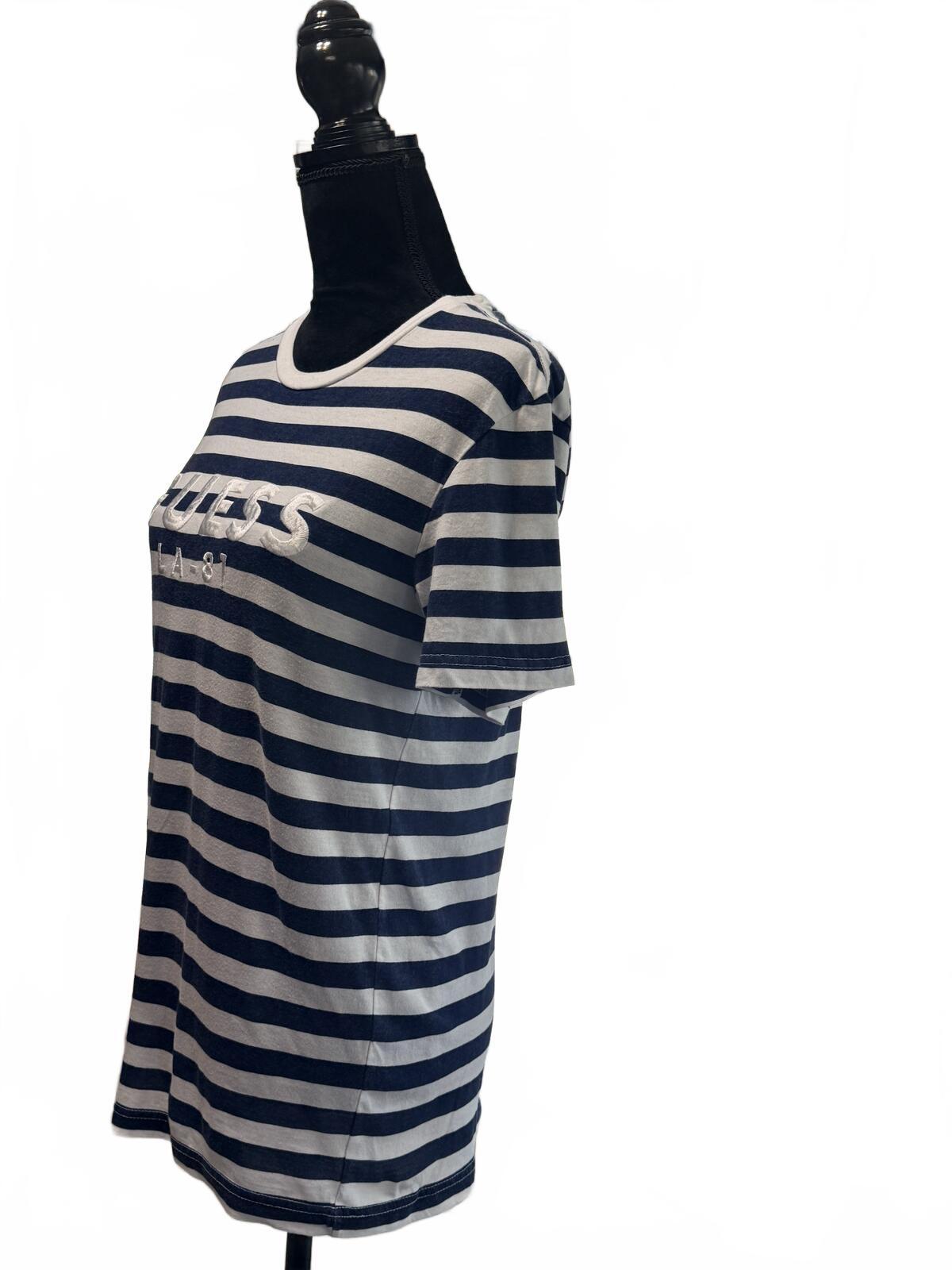 Guess LA 81 Striped T-Shirt Navy White Nautical Y2K Preppy Boho Tee Size M/M
