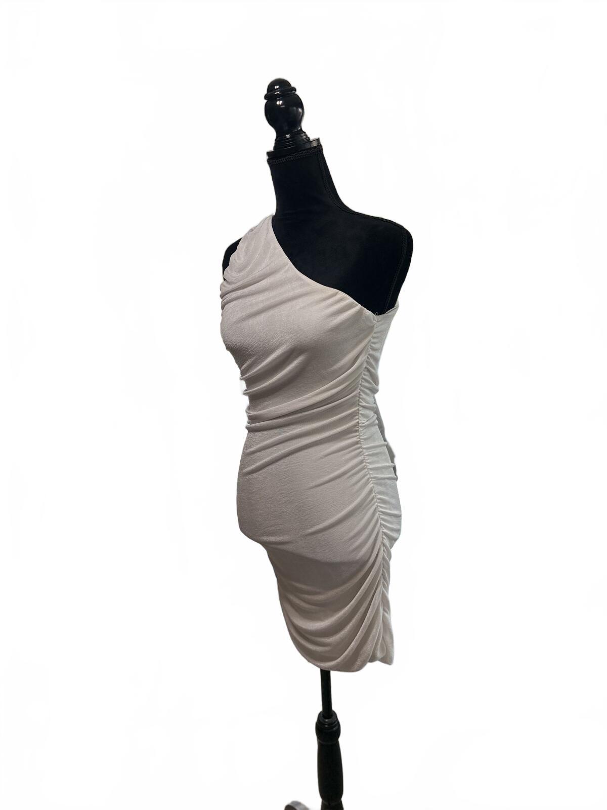 One Shoulder Ruched Bodycon Dress Champagne Beige Mini Cocktail Party Sz Large