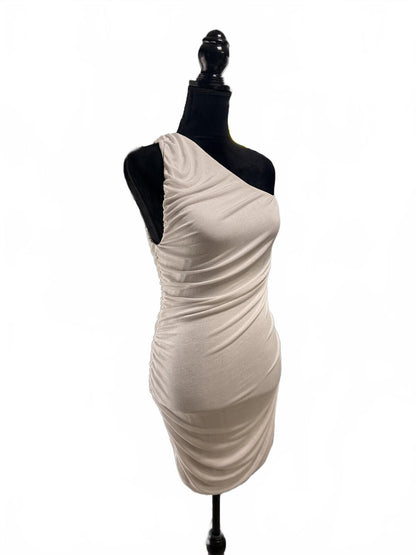 One Shoulder Ruched Bodycon Dress Champagne Beige Mini Cocktail Party Sz Large