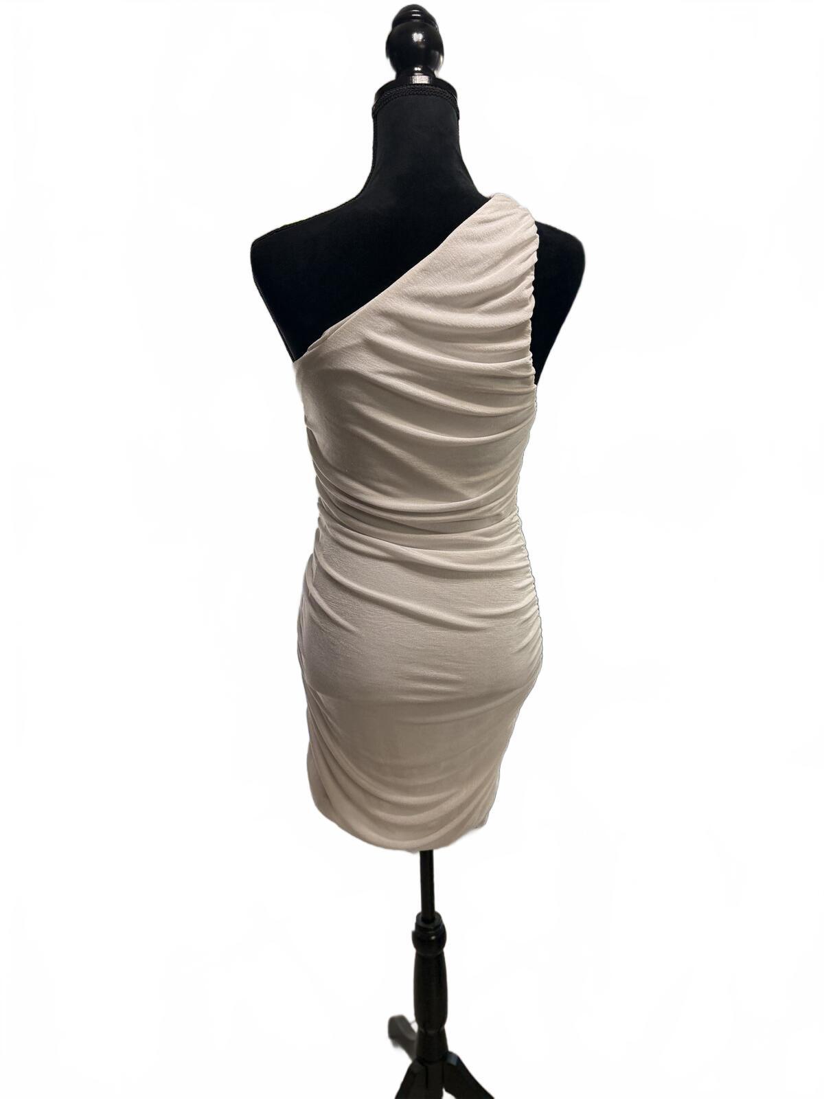 One Shoulder Ruched Bodycon Dress Champagne Beige Mini Cocktail Party Sz Large