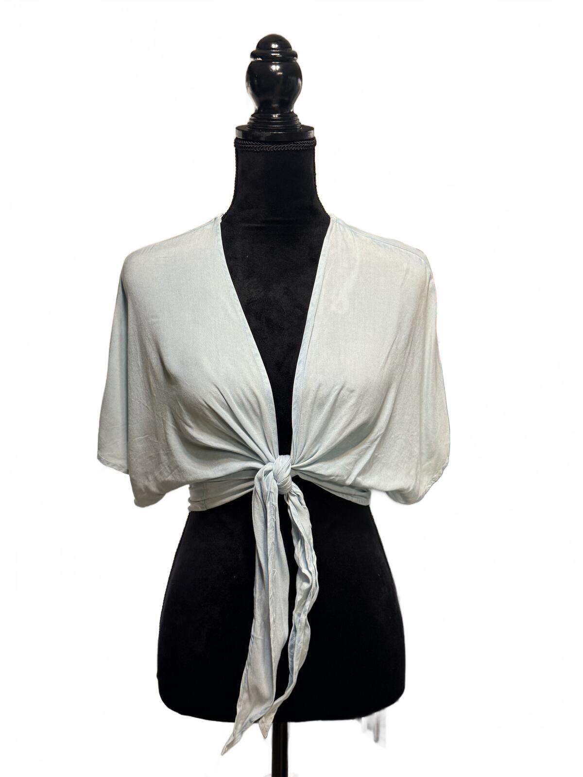 Sim & Sam Tie Front Top Grey Short Sleeve V-Neck Blouse Size Large Boho Chic