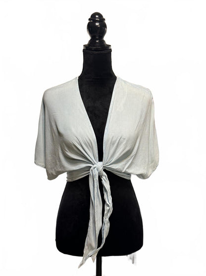 Sim & Sam Tie Front Top Grey Short Sleeve V-Neck Blouse Size Large Boho Chic