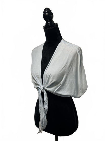 Sim & Sam Tie Front Top Grey Short Sleeve V-Neck Blouse Size Large Boho Chic