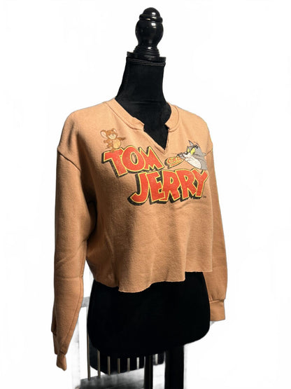 Vintage Tom and Jerry Cropped Sweatshirt Tan Graphic Pullover Retro Cartoon L