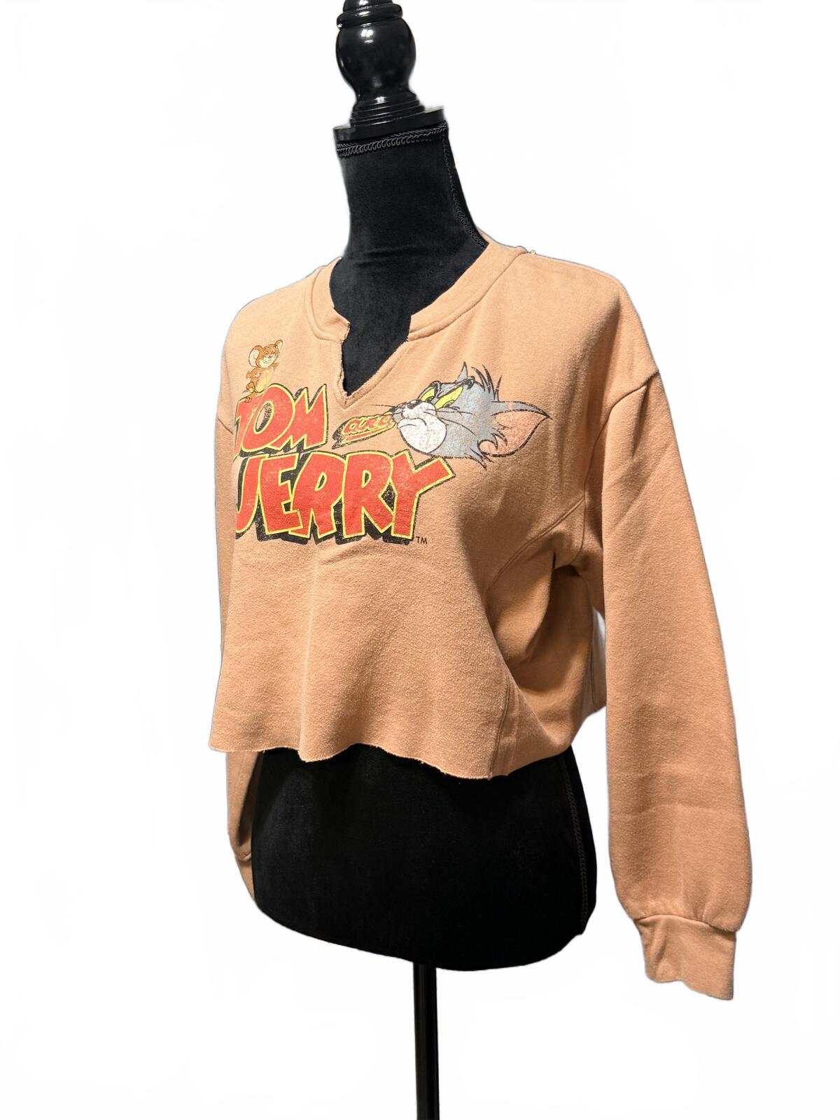Vintage Tom and Jerry Cropped Sweatshirt Tan Graphic Pullover Retro Cartoon L