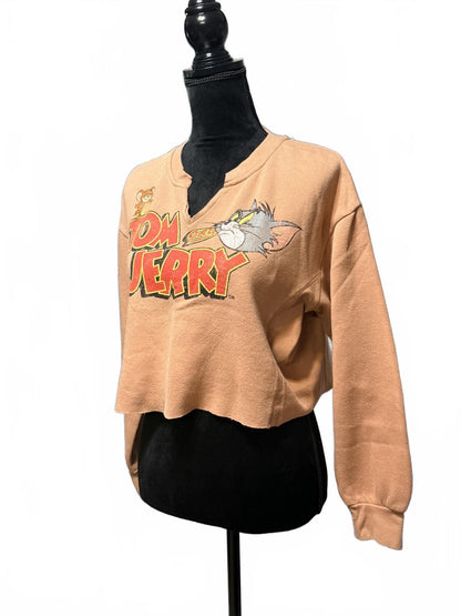 Vintage Tom and Jerry Cropped Sweatshirt Tan Graphic Pullover Retro Cartoon L
