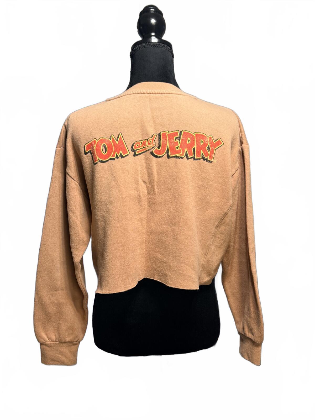 Vintage Tom and Jerry Cropped Sweatshirt Tan Graphic Pullover Retro Cartoon L