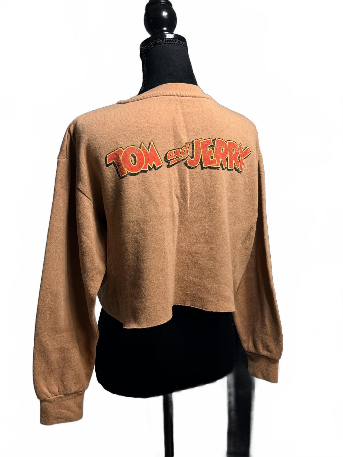 Vintage Tom and Jerry Cropped Sweatshirt Tan Graphic Pullover Retro Cartoon L