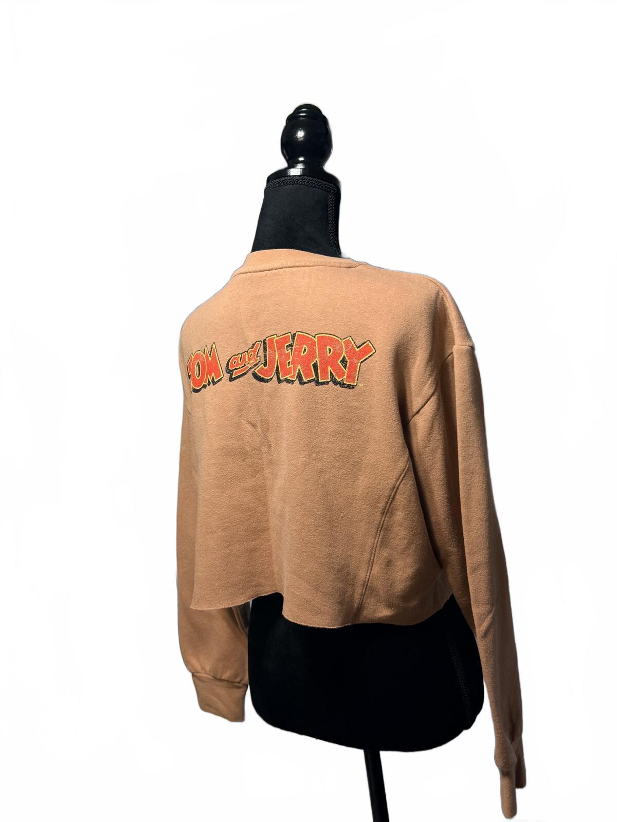 Vintage Tom and Jerry Cropped Sweatshirt Tan Graphic Pullover Retro Cartoon L