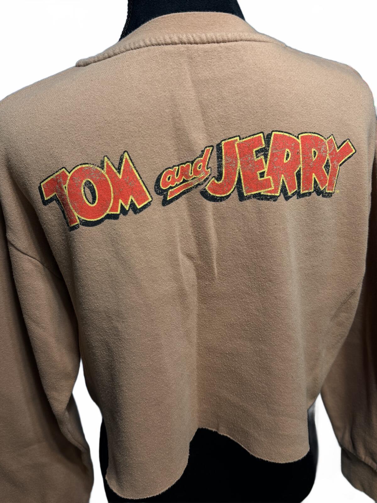 Vintage Tom and Jerry Cropped Sweatshirt Tan Graphic Pullover Retro Cartoon L