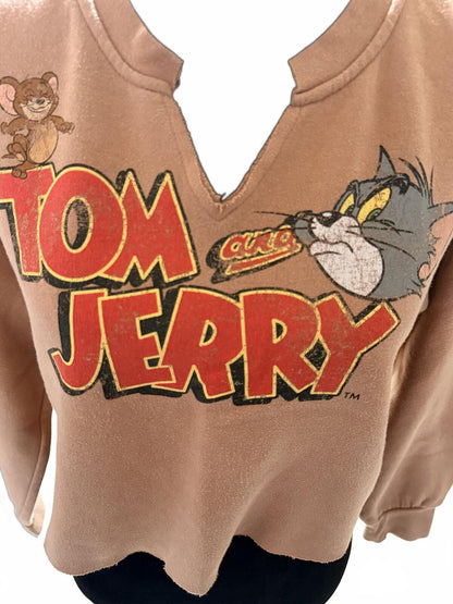 Vintage Tom and Jerry Cropped Sweatshirt Tan Graphic Pullover Retro Cartoon L