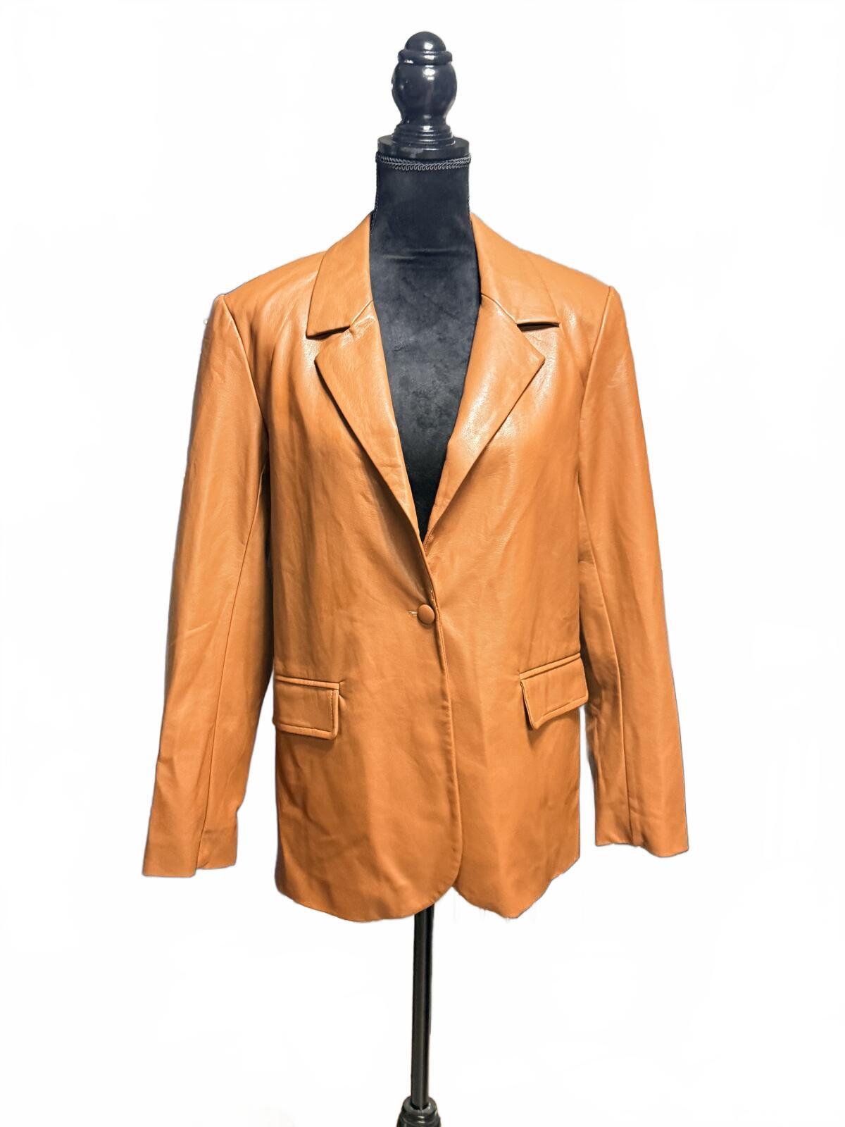 Vintage Cognac Leather Blazer Jacket M 90s Minimalist Camel Tan Button Up Coat