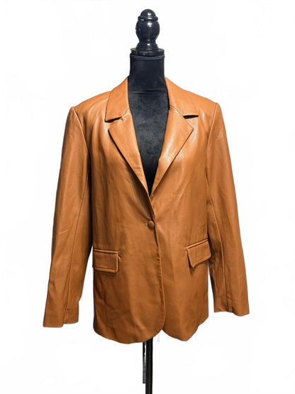 Vintage Cognac Leather Blazer Jacket M 90s Minimalist Camel Tan Button Up Coat