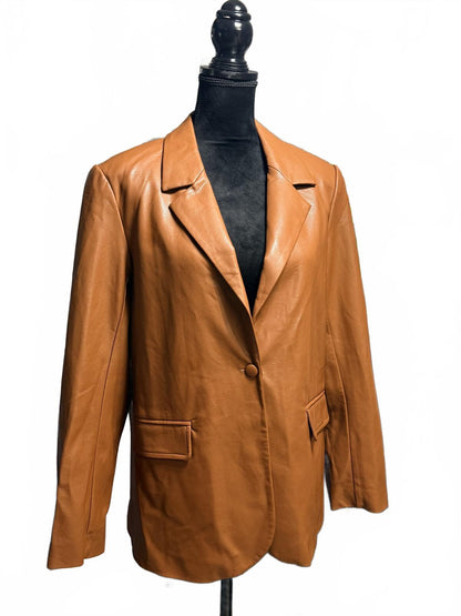 Vintage Cognac Leather Blazer Jacket M 90s Minimalist Camel Tan Button Up Coat