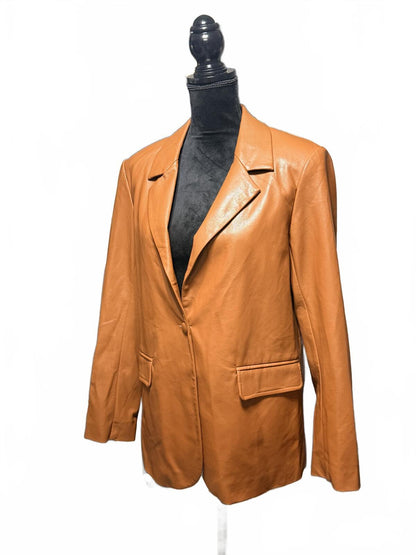 Vintage Cognac Leather Blazer Jacket M 90s Minimalist Camel Tan Button Up Coat
