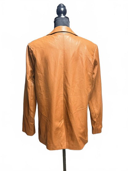 Vintage Cognac Leather Blazer Jacket M 90s Minimalist Camel Tan Button Up Coat