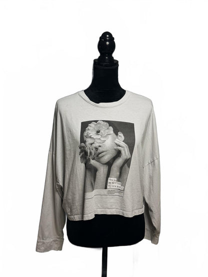 The Long Sleeve Chop Graphic Tee Grey Portrait Floral Art Streetwear Size Large