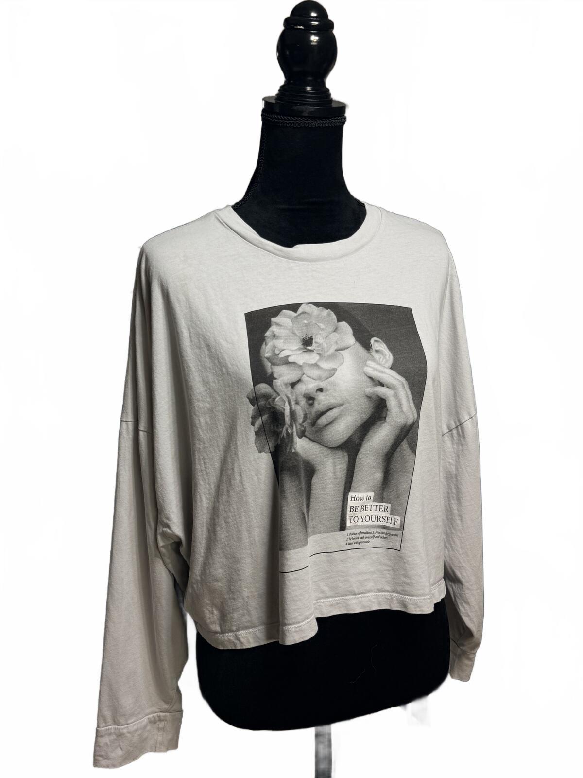 The Long Sleeve Chop Graphic Tee Grey Portrait Floral Art Streetwear Size Large
