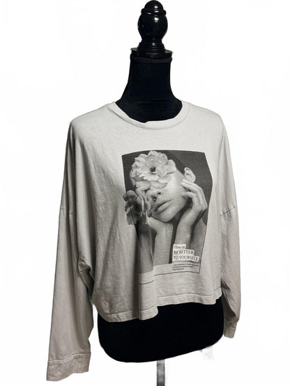 The Long Sleeve Chop Graphic Tee Grey Portrait Floral Art Streetwear Size Large