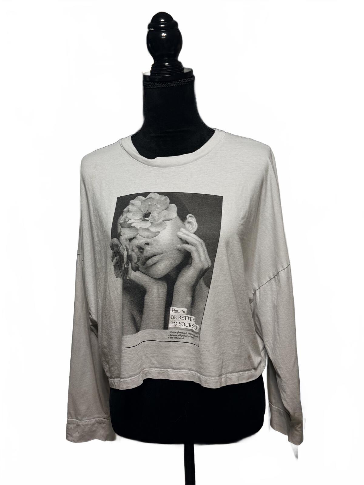 The Long Sleeve Chop Graphic Tee Grey Portrait Floral Art Streetwear Size Large