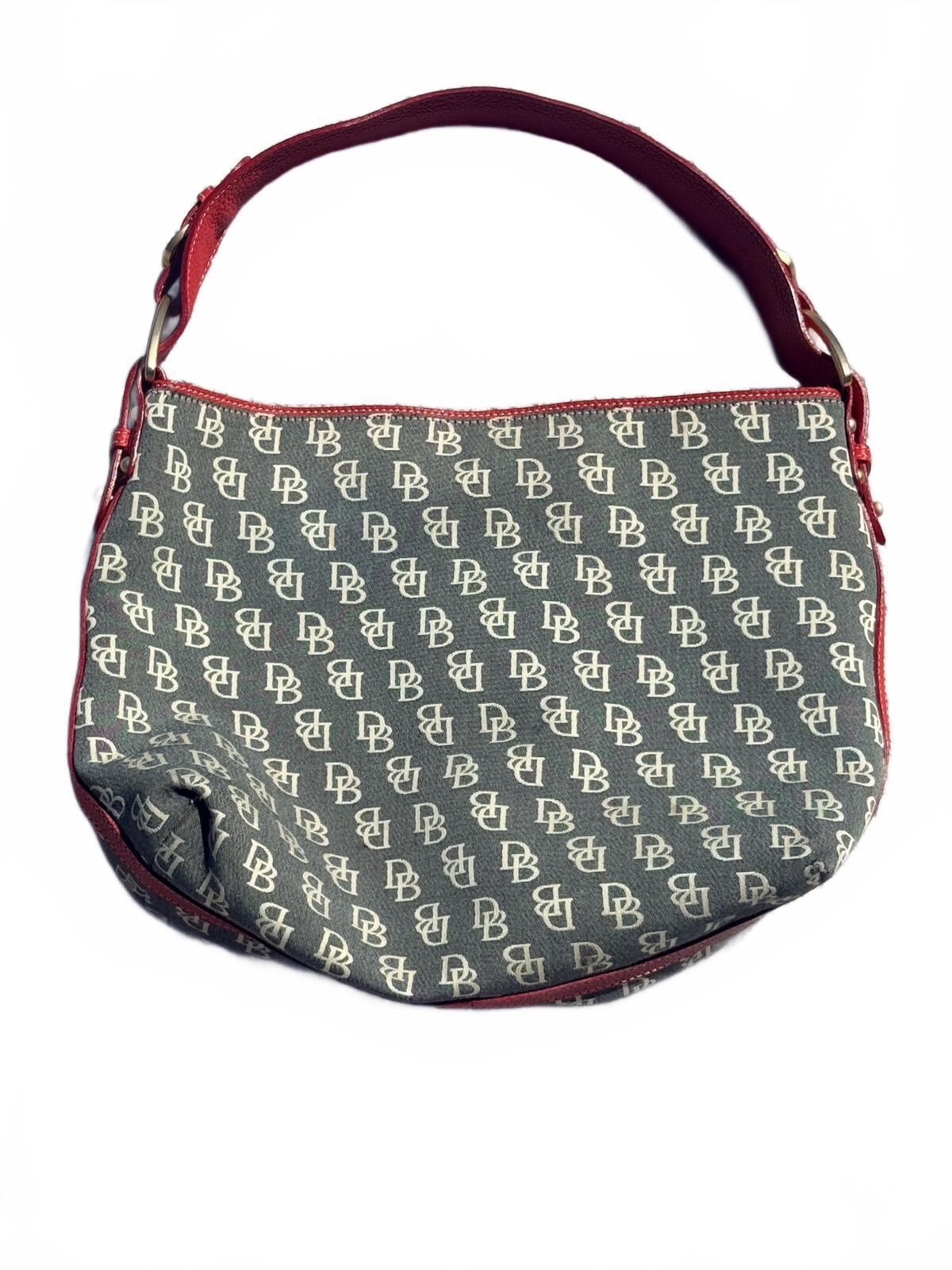 Vintage Dooney & Bourke Signature Monogram Hobo Bag Red Leather Trim Y2K Canvas