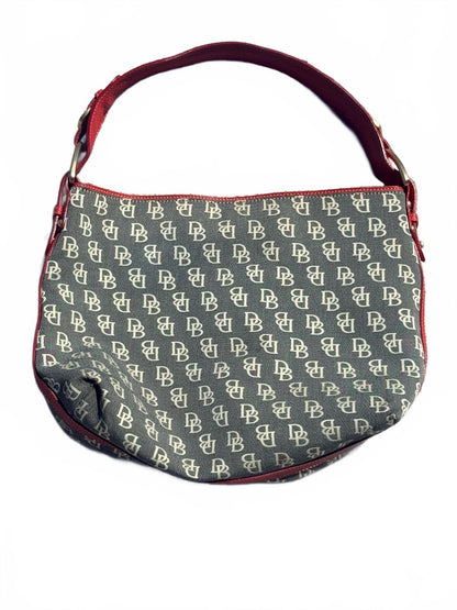 Vintage Dooney & Bourke Signature Monogram Hobo Bag Red Leather Trim Y2K Canvas
