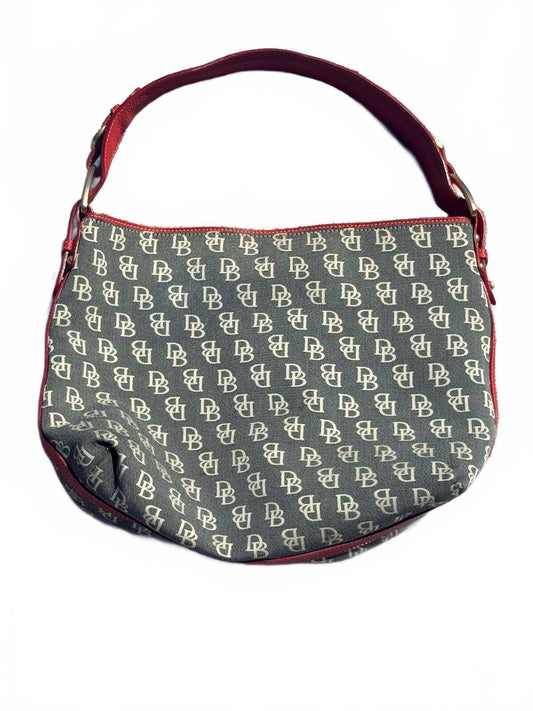 Vintage Dooney & Bourke Signature Monogram Hobo Bag Red Leather Trim Y2K Canvas