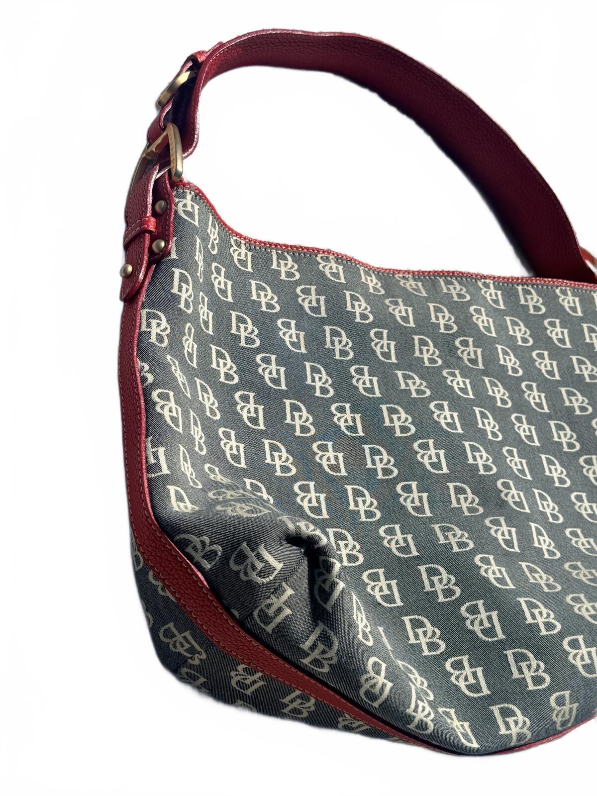 Vintage Dooney & Bourke Signature Monogram Hobo Bag Red Leather Trim Y2K Canvas