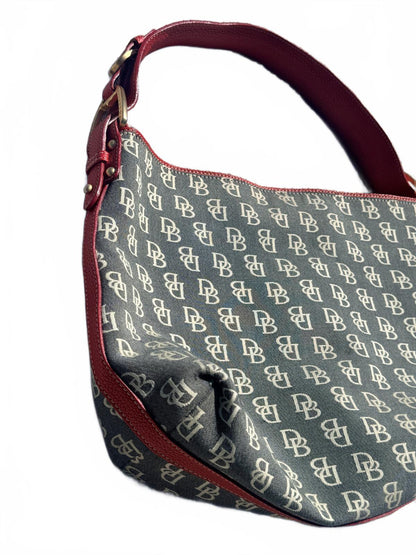 Vintage Dooney & Bourke Signature Monogram Hobo Bag Red Leather Trim Y2K Canvas