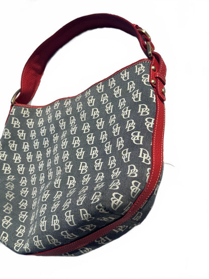 Vintage Dooney & Bourke Signature Monogram Hobo Bag Red Leather Trim Y2K Canvas
