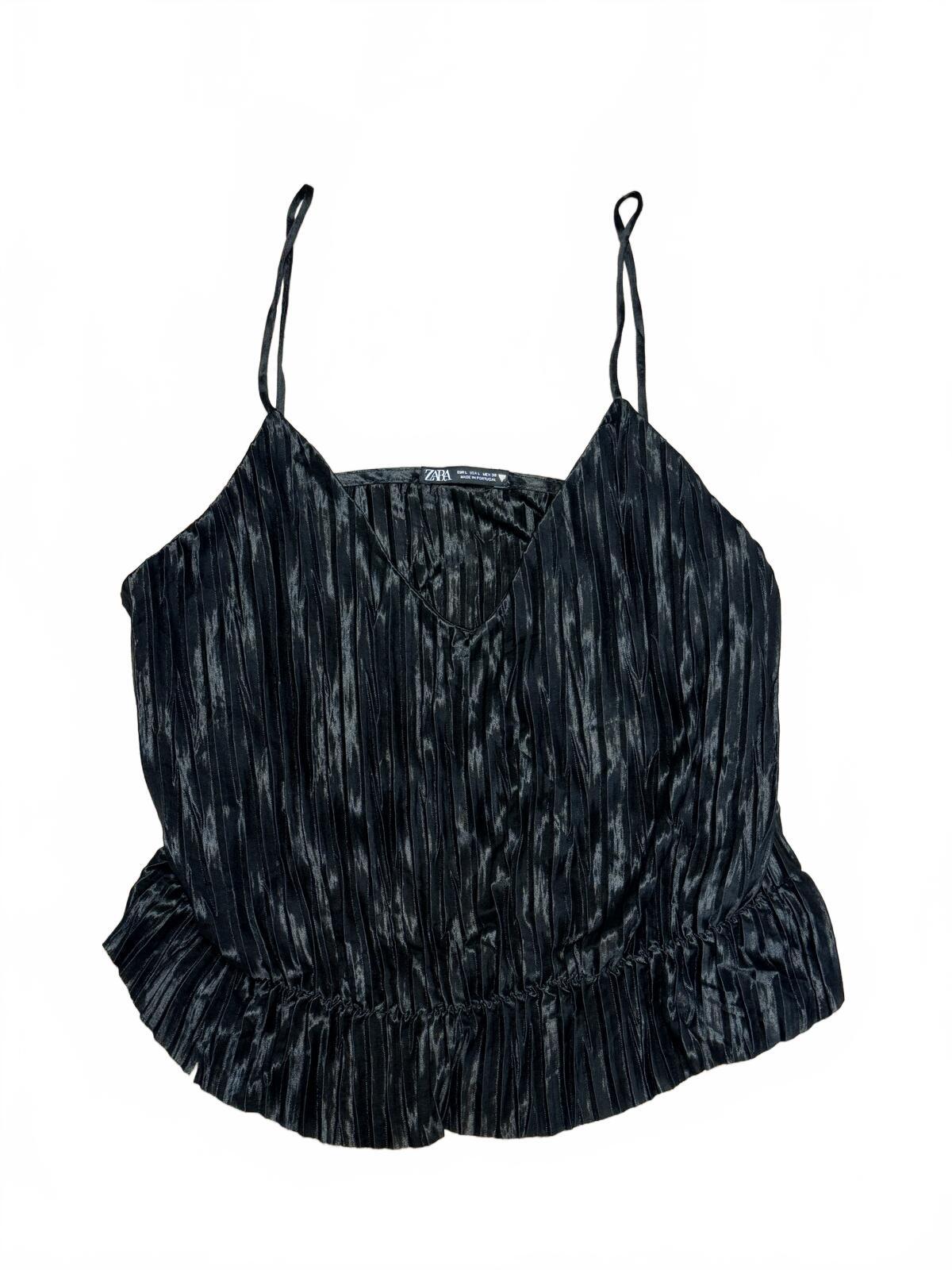 Zara NWT Black Pleated Tiered Cami Top Spaghetti Strap Peplum Camisole Size L