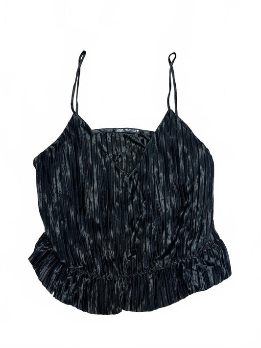 Zara NWT Black Pleated Tiered Cami Top Spaghetti Strap Peplum Camisole Size L