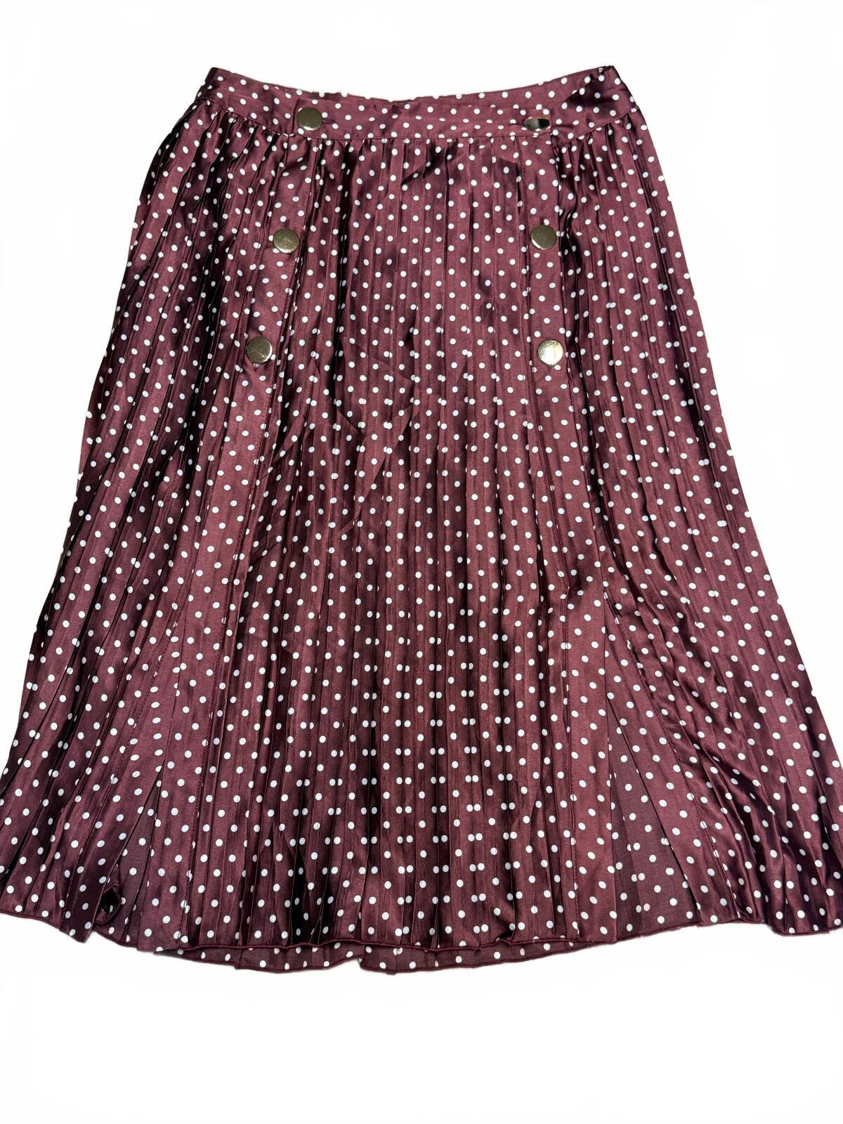 NWT Zara Basic Satin Wine White Polka Dot Flowy Pleated Midi Skirt Size Large