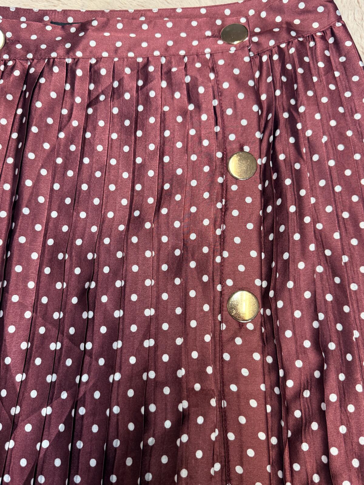 NWT Zara size Small Satin Wine White Polka Dot Flowy Pleated Midi Skirt