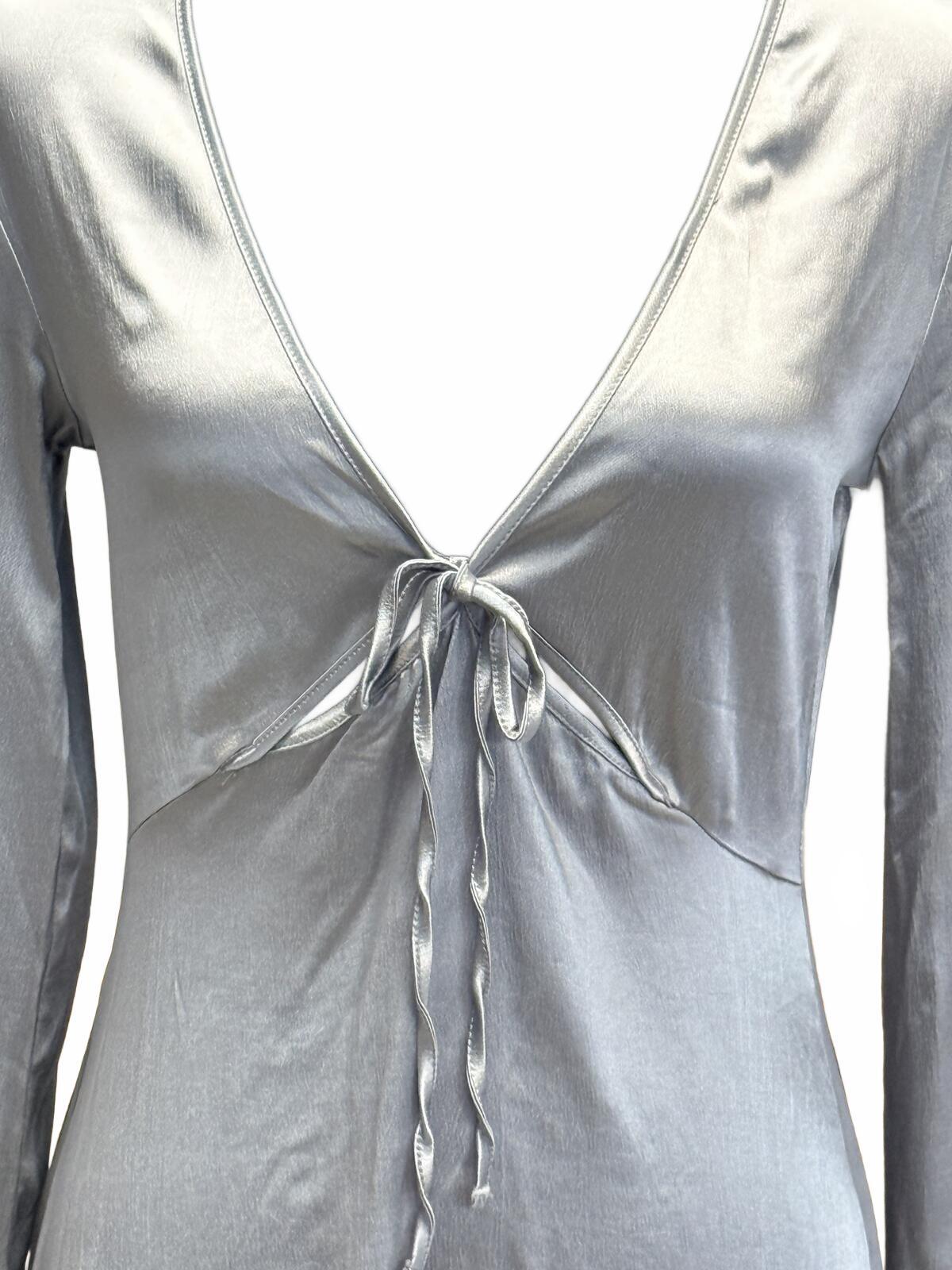 NWT Zara Silver Satin Mini Dress Tie Front V-Neck Long Sleeve Y2K  Party M