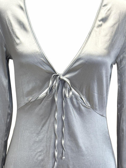 NWT Zara Silver Satin Mini Dress Tie Front V-Neck Long Sleeve Y2K  Party M