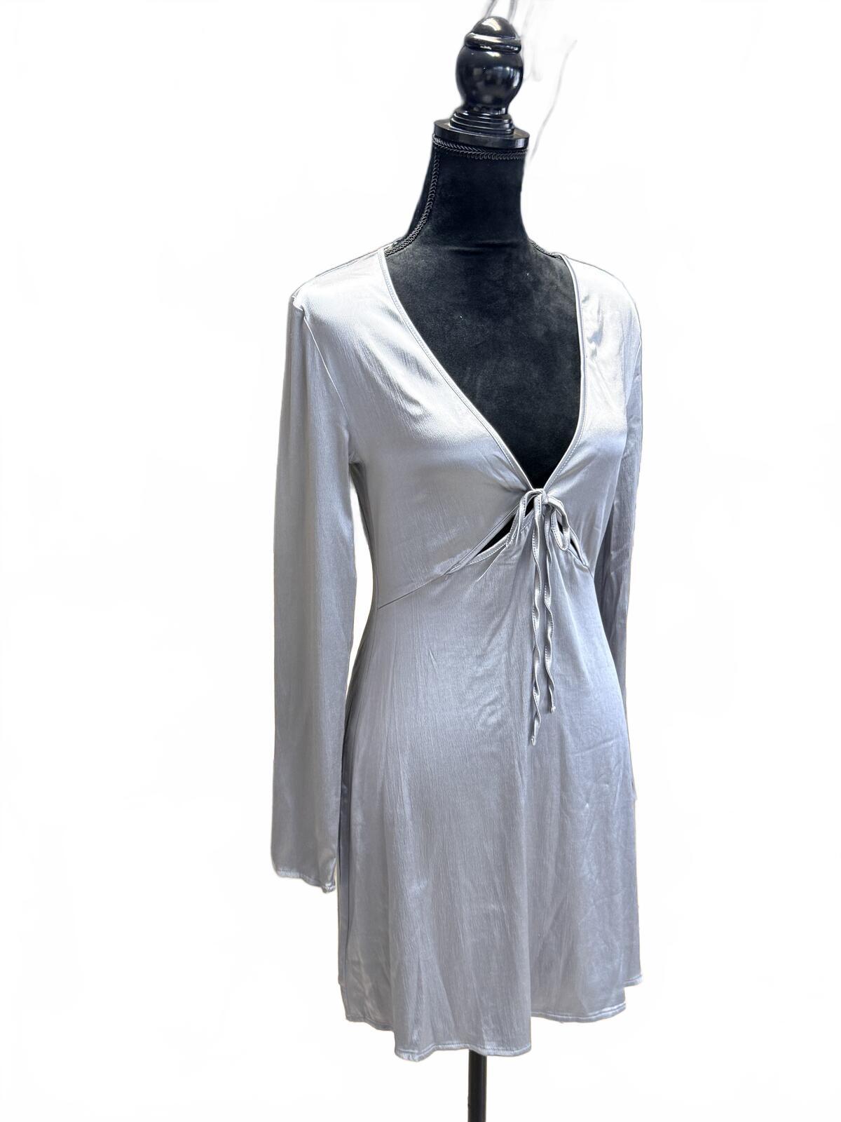 NWT Zara Silver Satin Mini Dress Tie Front V-Neck Long Sleeve Y2K  Party M