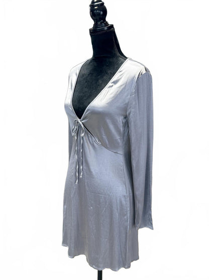 NWT Zara Silver Satin Mini Dress Tie Front V-Neck Long Sleeve Y2K  Party M