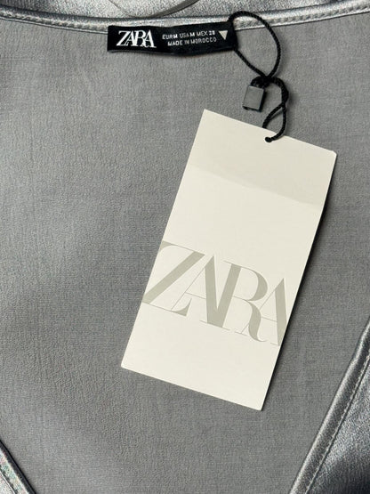 NWT Zara Silver Satin Mini Dress Tie Front V-Neck Long Sleeve Y2K  Party M