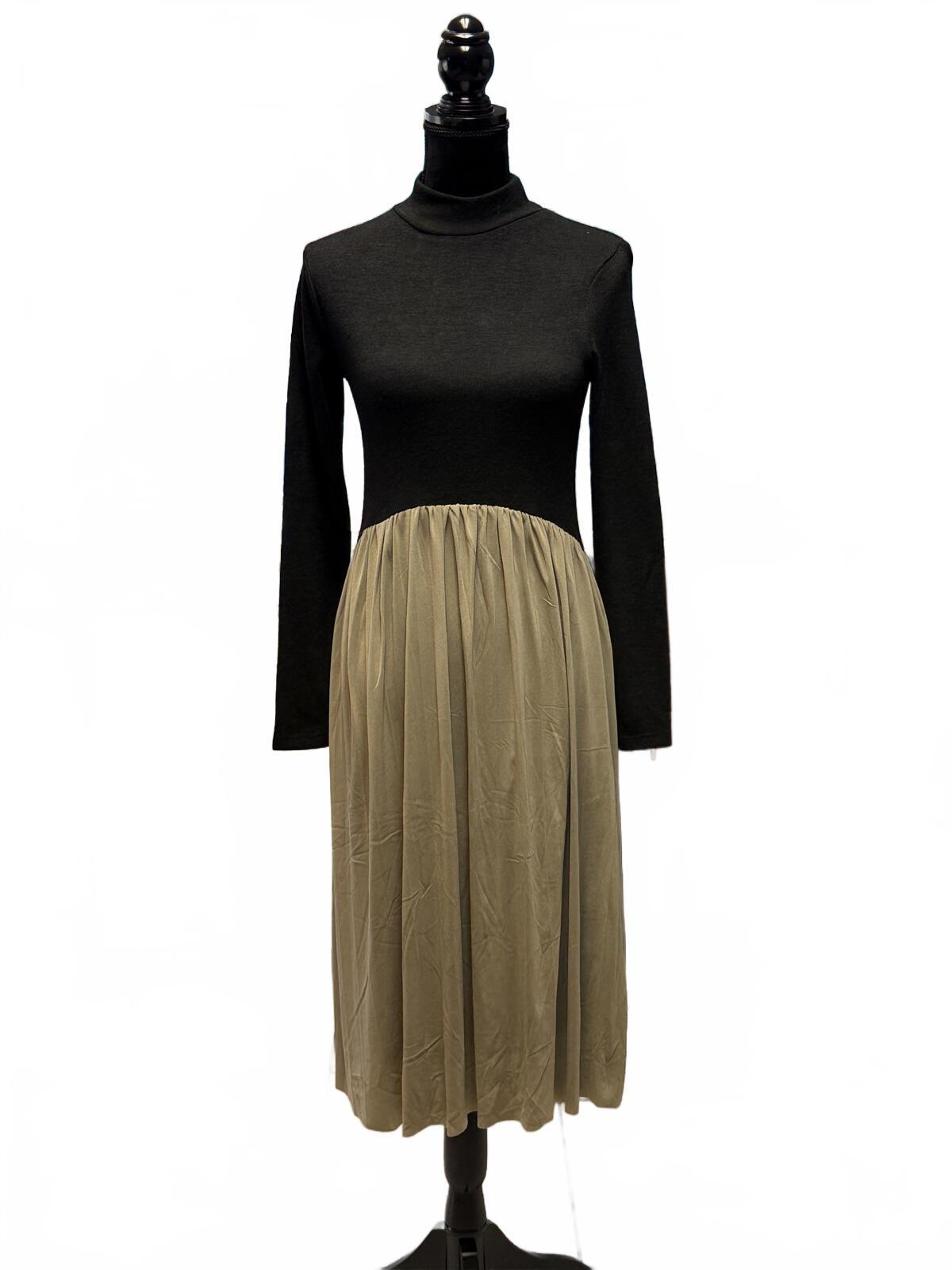 NWT Zara Black Turtleneck Knit Top Taupe Pleated Midi Dress Mixed Media Size M