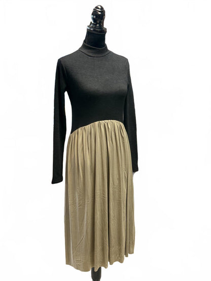 NWT Zara Black Turtleneck Knit Top Taupe Pleated Midi Dress Mixed Media Size S