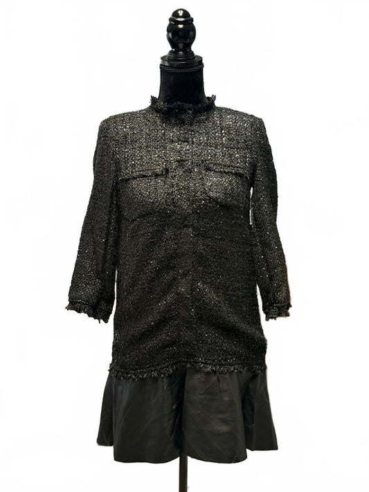 Zara Basic Black Tweed Jacket Mini Dress Textured Frayed Hem Coat Size XS  VTG