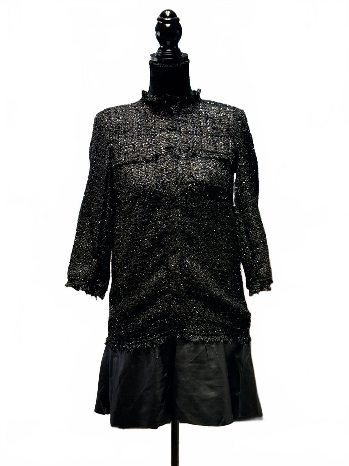 Zara Basic Black Tweed Jacket Mini Dress Textured Frayed Hem Coat Size XS  VTG
