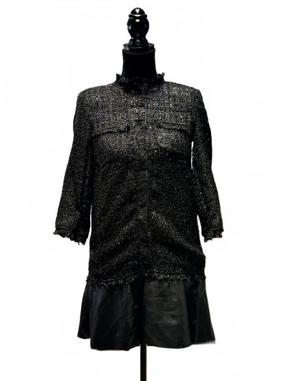 Zara Basic Black Tweed Jacket Mini Dress Textured Frayed Hem Coat Size XS  VTG