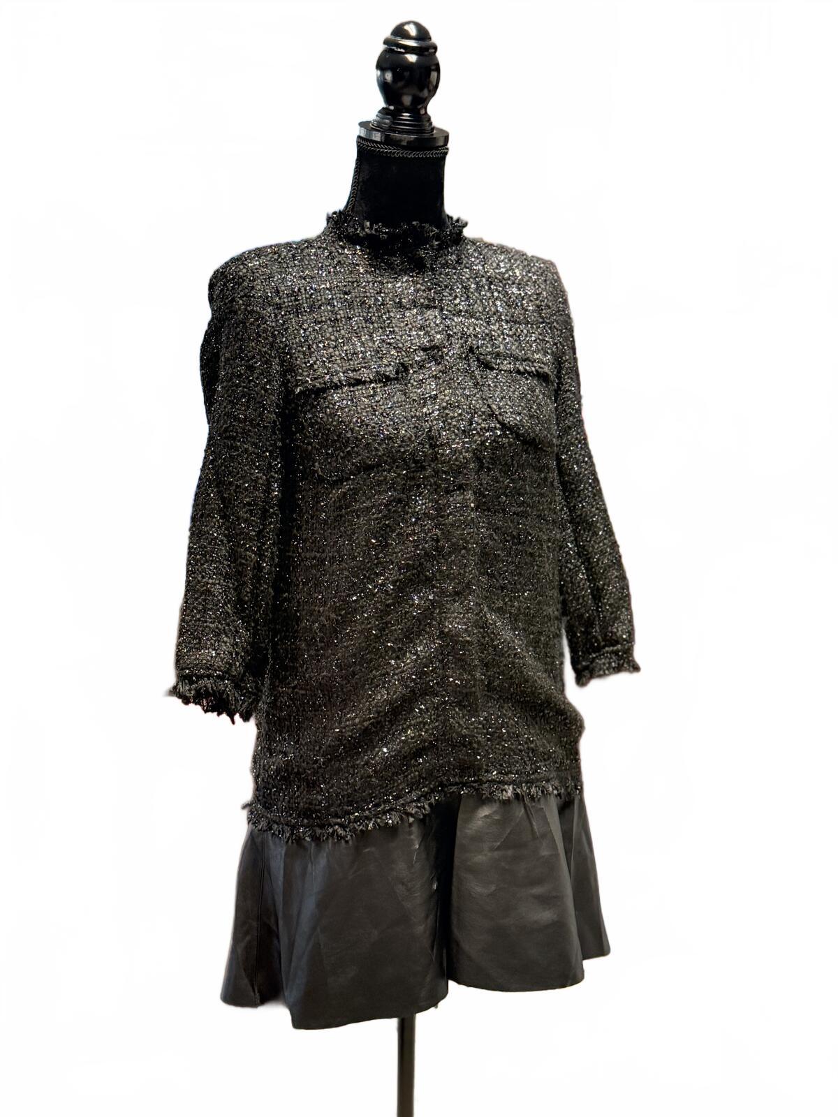 Zara Basic Black Tweed Jacket Mini Dress Textured Frayed Hem Coat Size XS  VTG