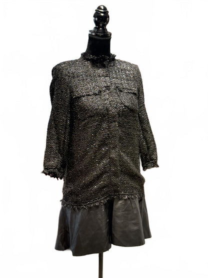 Zara Basic Black Tweed Jacket Mini Dress Textured Frayed Hem Coat Size XS  VTG