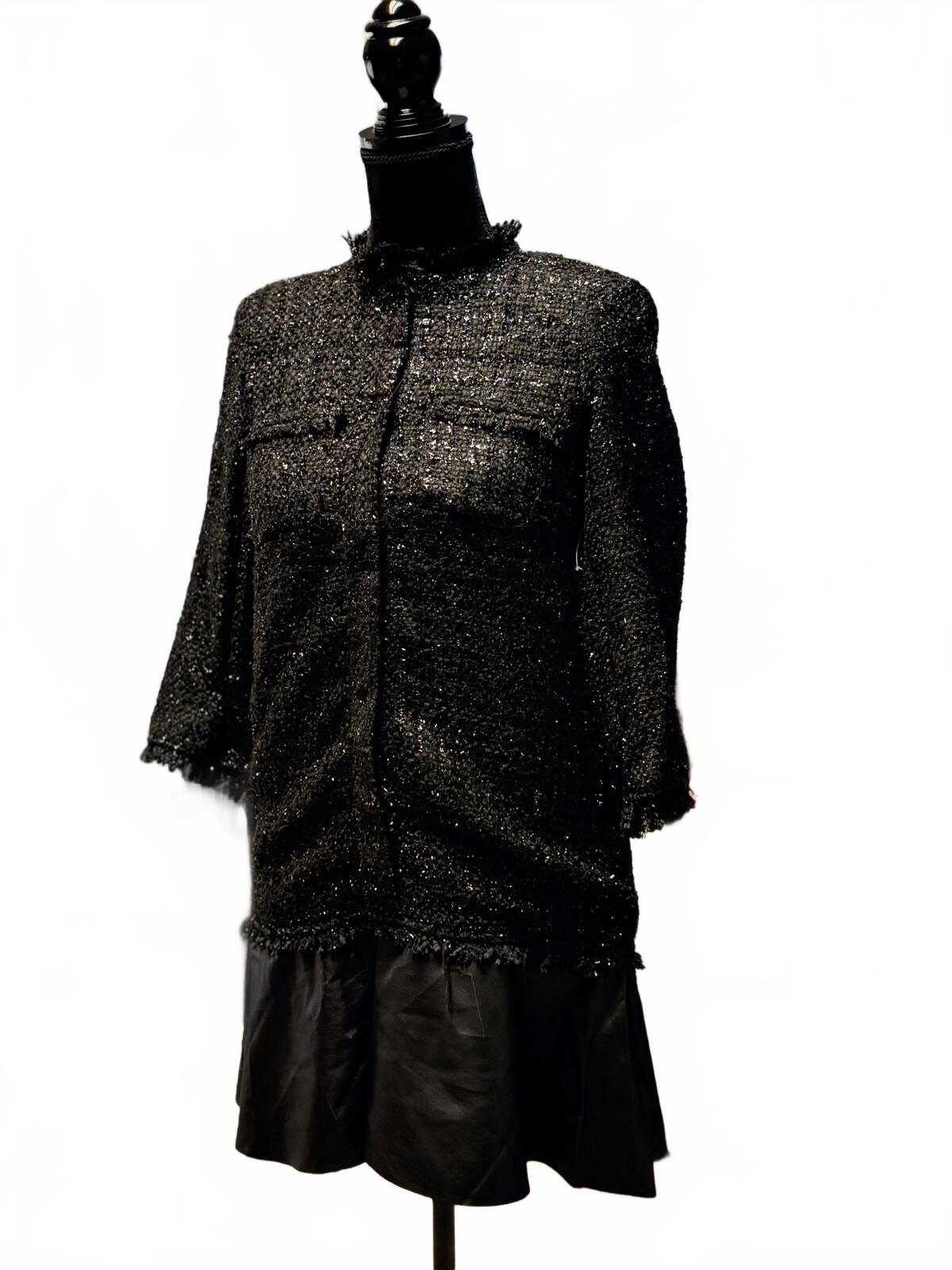 Zara Basic Black Tweed Jacket Mini Dress Textured Frayed Hem Coat Size XS  VTG