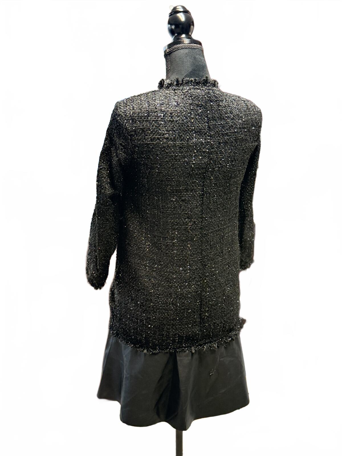 Zara Basic Black Tweed Jacket Mini Dress Textured Frayed Hem Coat Size XS  VTG